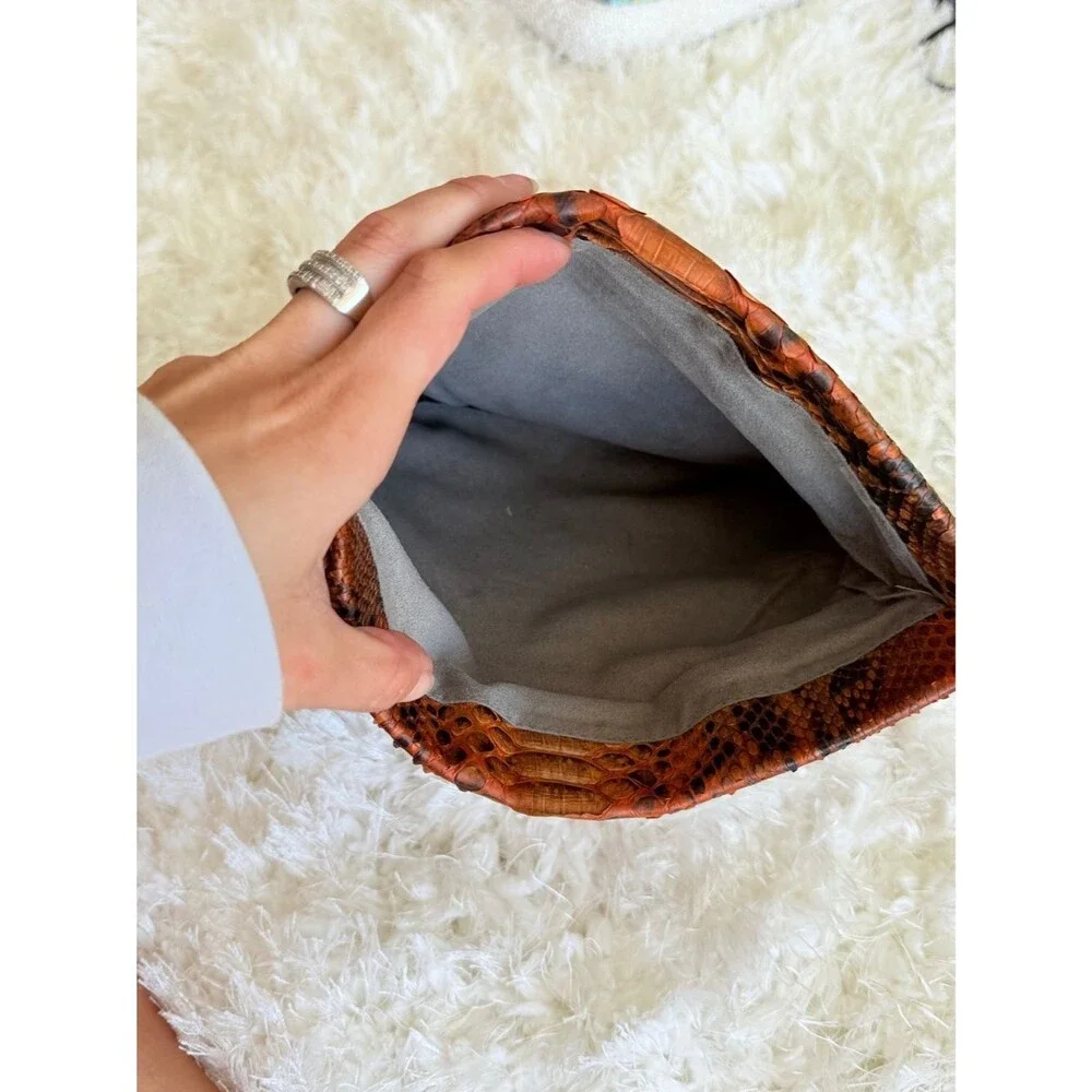 100% GENUINE SNAKE SKIN PYTHON LEATHER ORANGE ENVELOPE CLUTCH BRAZIL INDONESIA